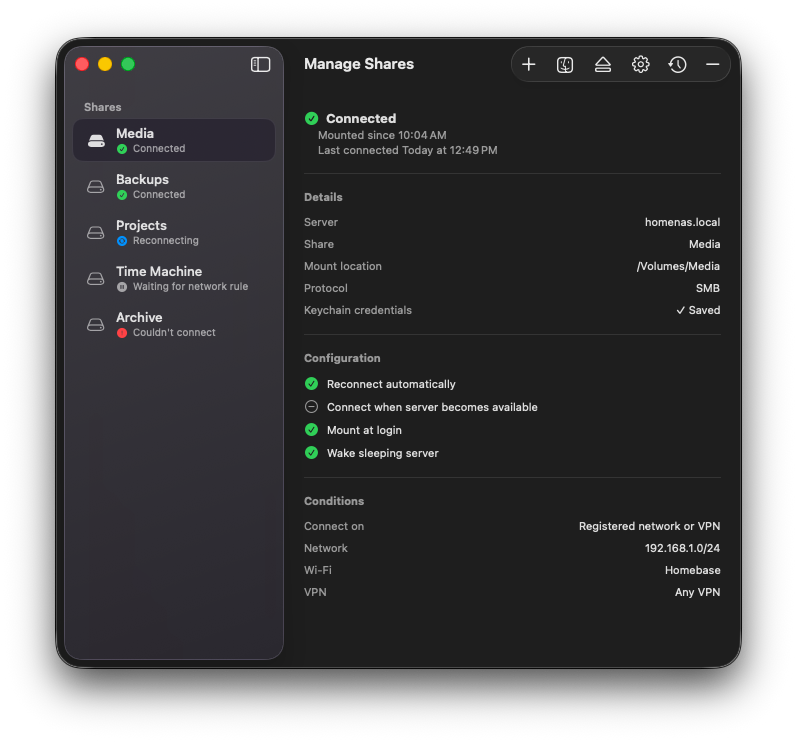 Otter Manage Shares window in dark mode showing share status and network conditions