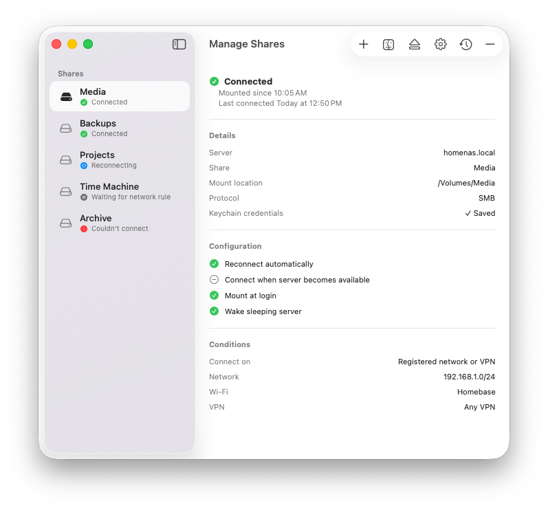 Otter Manage Shares window in light mode showing share status and network conditions